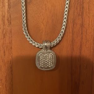 Silver and CZ diamond pendant slide necklace. Chain rope square diamond pendant.